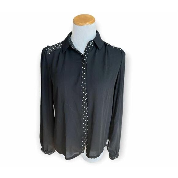 Womens Forever 21 Polka Dot Trim Button Down Semi- Sheer Top - Sz L - Picture 1 of 1